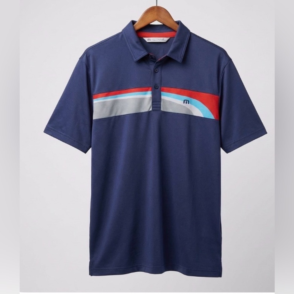 Travis Mathew Polo Shirt Men’s XL Blue Striped Chest Logo Golf Performance